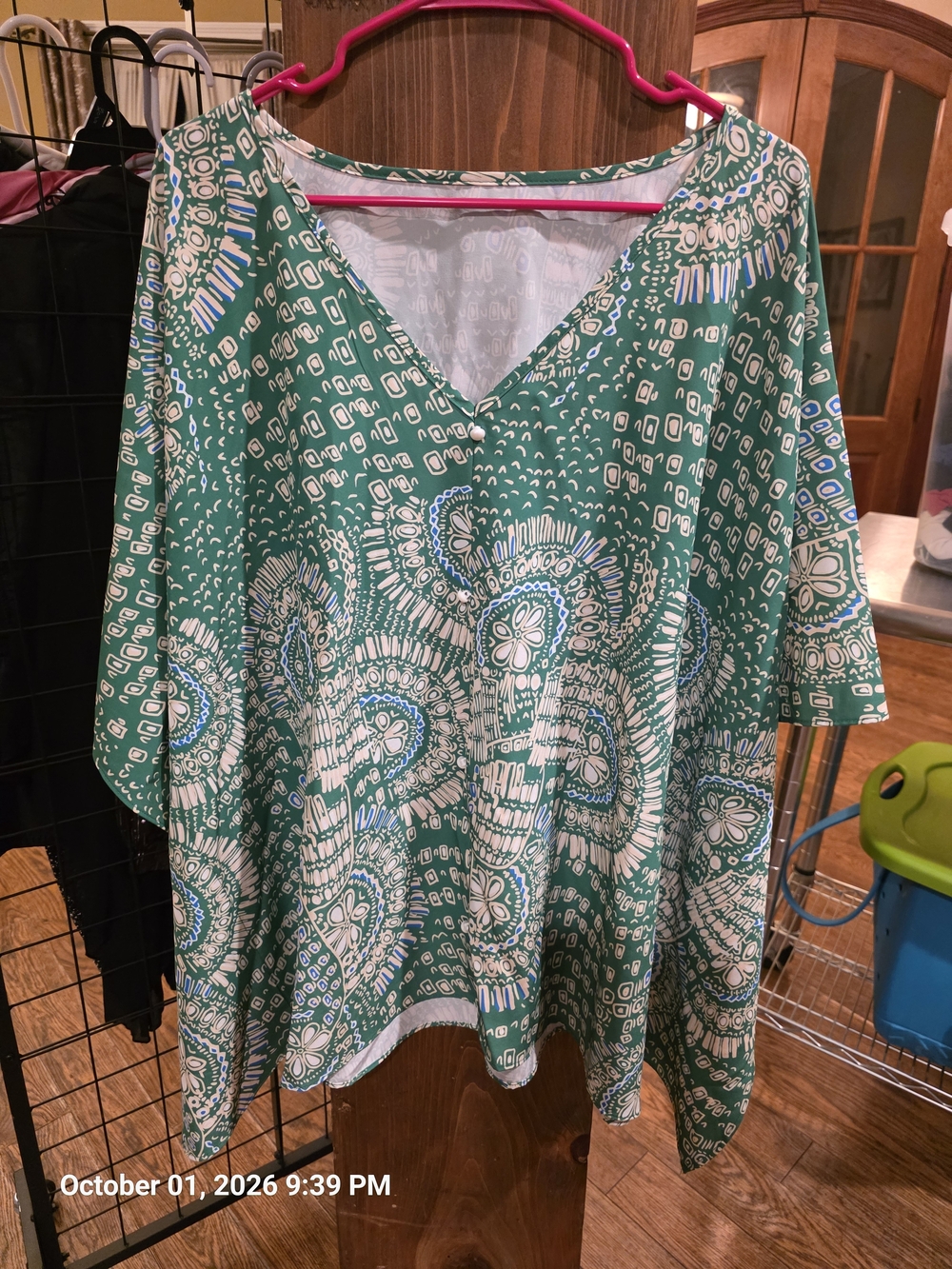 Green Printed V-Neck Paisley Blouse 3XL
